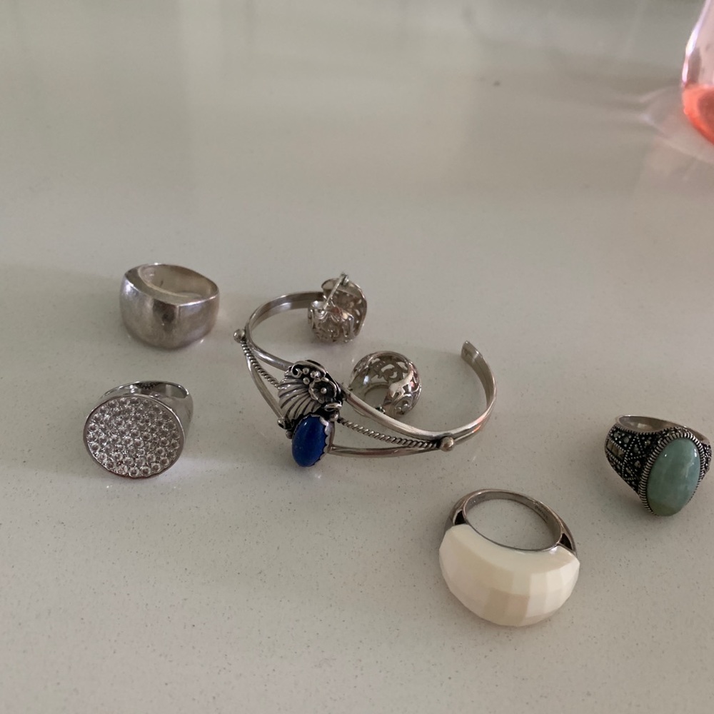 Jewelry set-Sterling Silver Lapis bracelet, 6 piece set with rings, in .925.